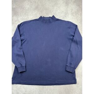 VTG LL Bean Mens Large Mock Neck Long Sleeve Shirt Navy Blue 100% Cotton Classic